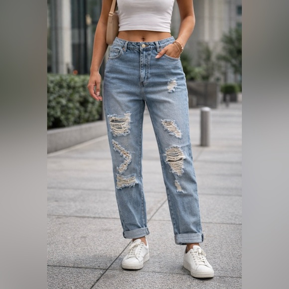 Blue Turtle Denim - Blue Turtle Trendy Distressed Blue Boyfriend Jeans